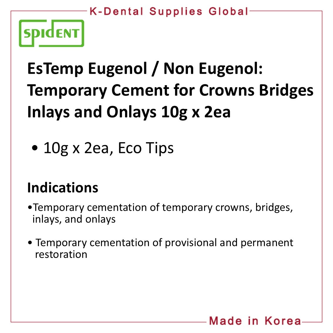 EsTemp Eugenol/NE Temporary cement for crown and bridge 10g x 2ea