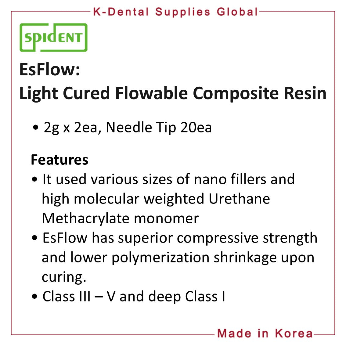 EsFlow Light Cured Flowable Composite Resin(Shade A1, A2, A3, A3.5)