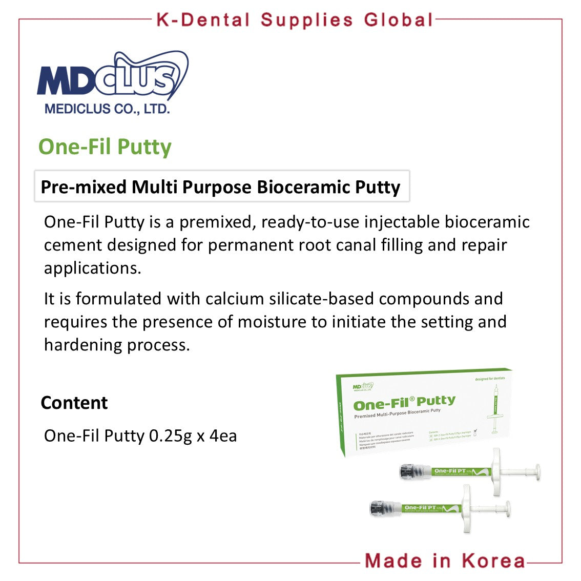 One-Fil Putty Pre-mixed Multi Purpose Bioceramic Putty 0.25g x 4 syringes