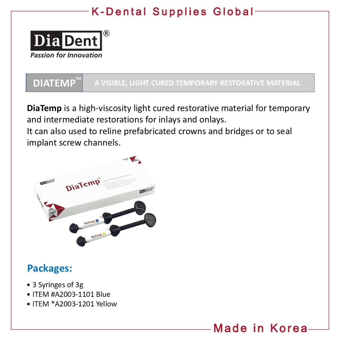 DiaTemp Light Cured Temporary Restorative Material 3g x 3 syringes