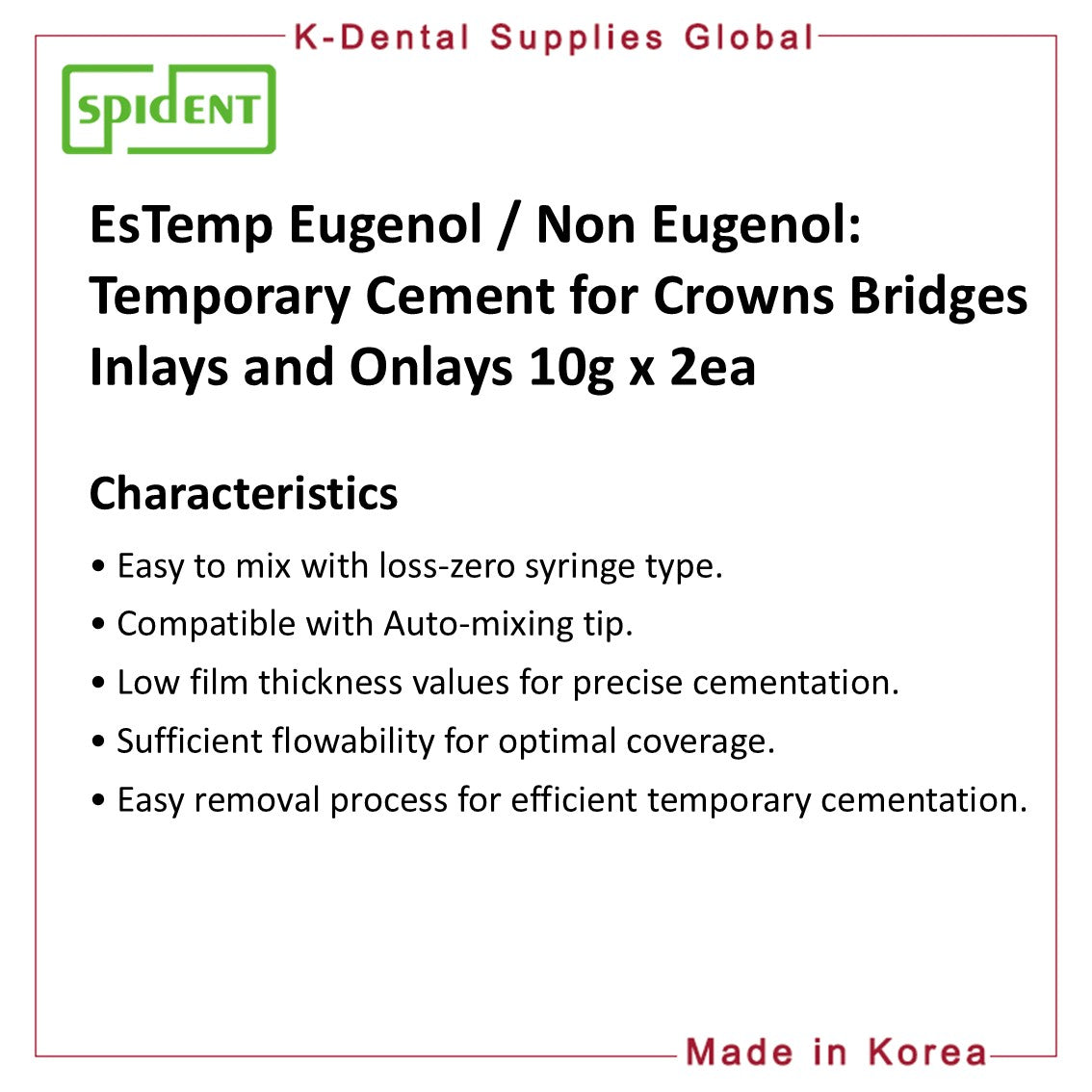 EsTemp Eugenol/NE Temporary cement for crown and bridge 10g x 2ea
