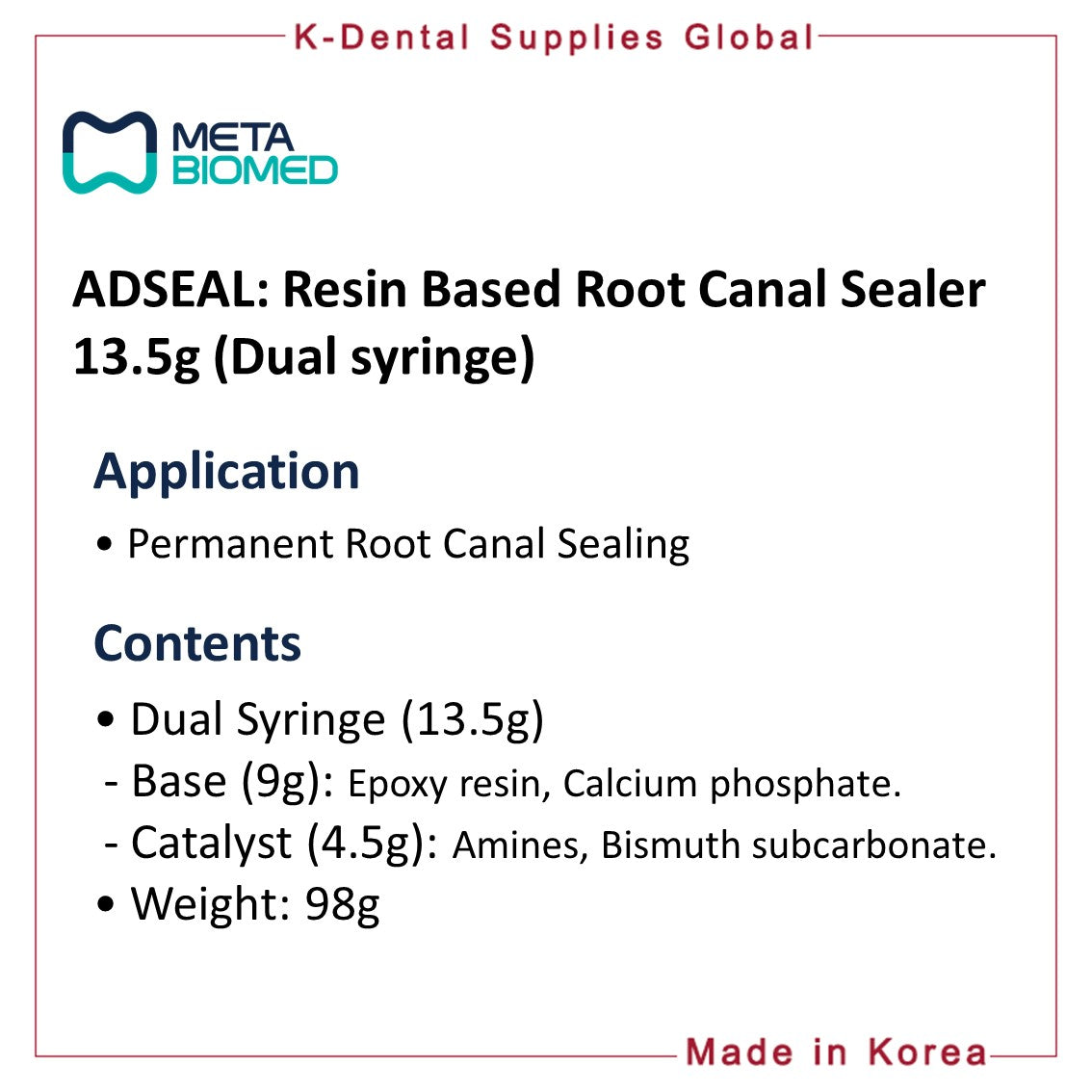 Meta Biomed ADSEAL Resin Based Root Canal Sealer 13.5g (Dual syringe)