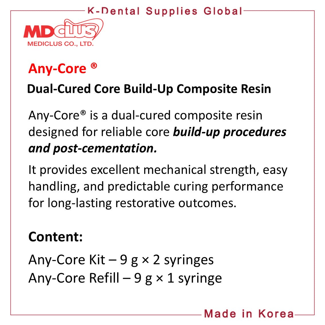 Any-Core Dual-cured core build-up composite resin 9g x 1 syringe